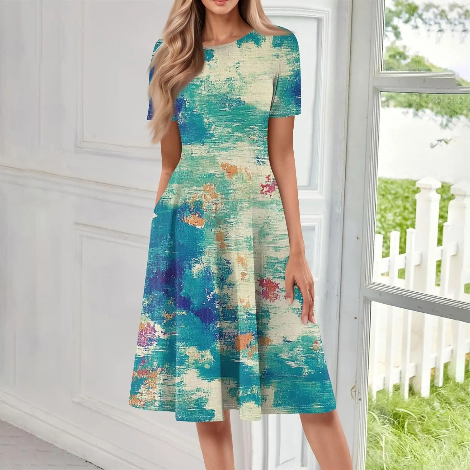 Women's Sun Dresses 2025 Vacation Loose Trendy Short Sleeve Round Neck Floral Print Midi Clothes Plus Size, S-3XL