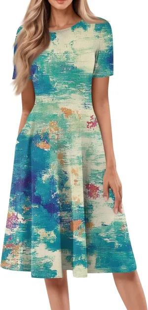 Women's Sun Dresses 2025 Vacation Loose Trendy Short Sleeve Round Neck Floral Print Midi Clothes Plus Size, S-3XL