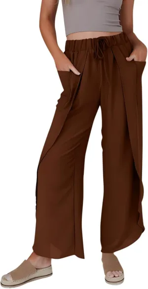 Womens Wide Leg Summer Pants Flowy Side Split Palazzo Beach Boho High Waisted Casual Lounge Trousers Plus Size