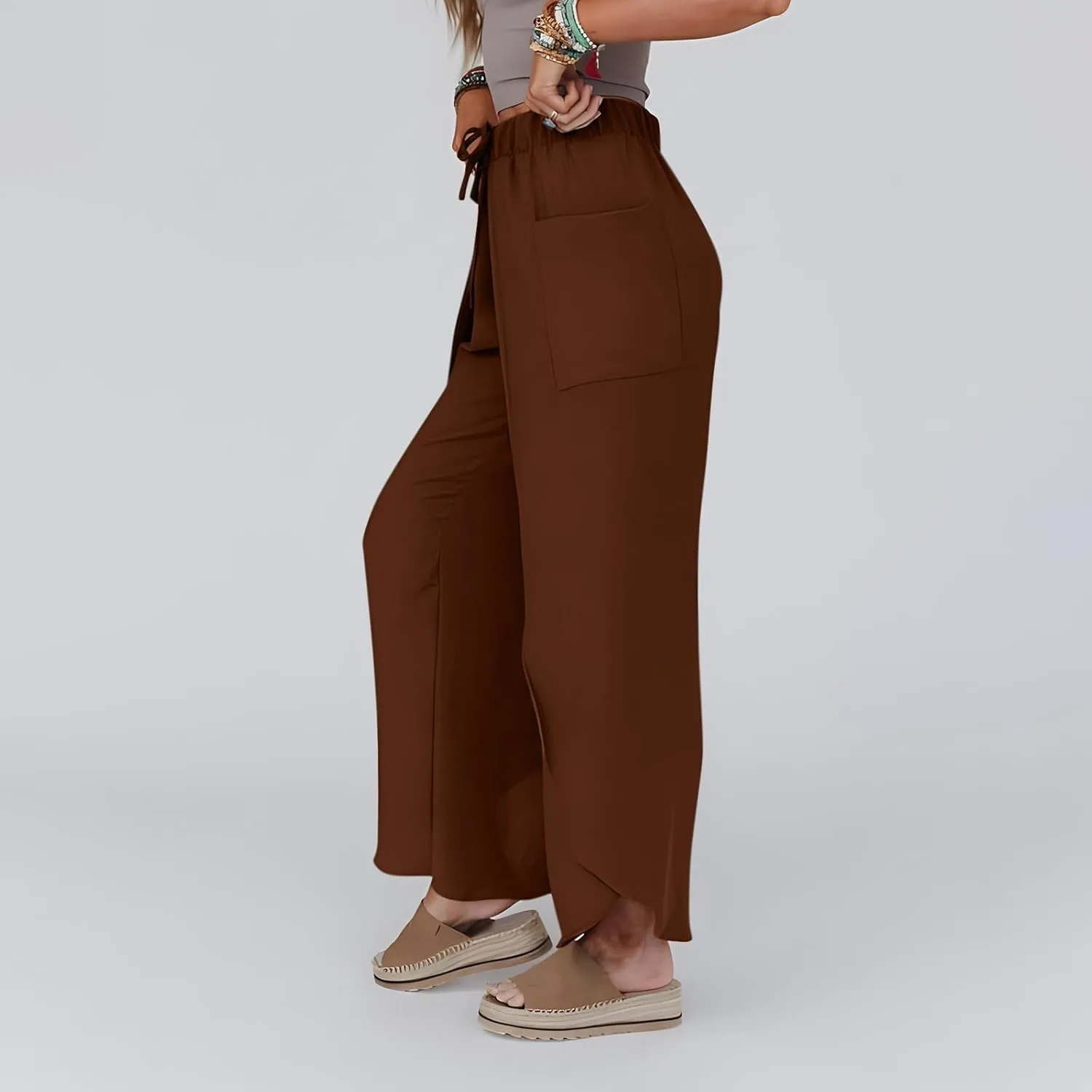 Womens Wide Leg Summer Pants Flowy Side Split Palazzo Beach Boho High Waisted Casual Lounge Trousers Plus Size